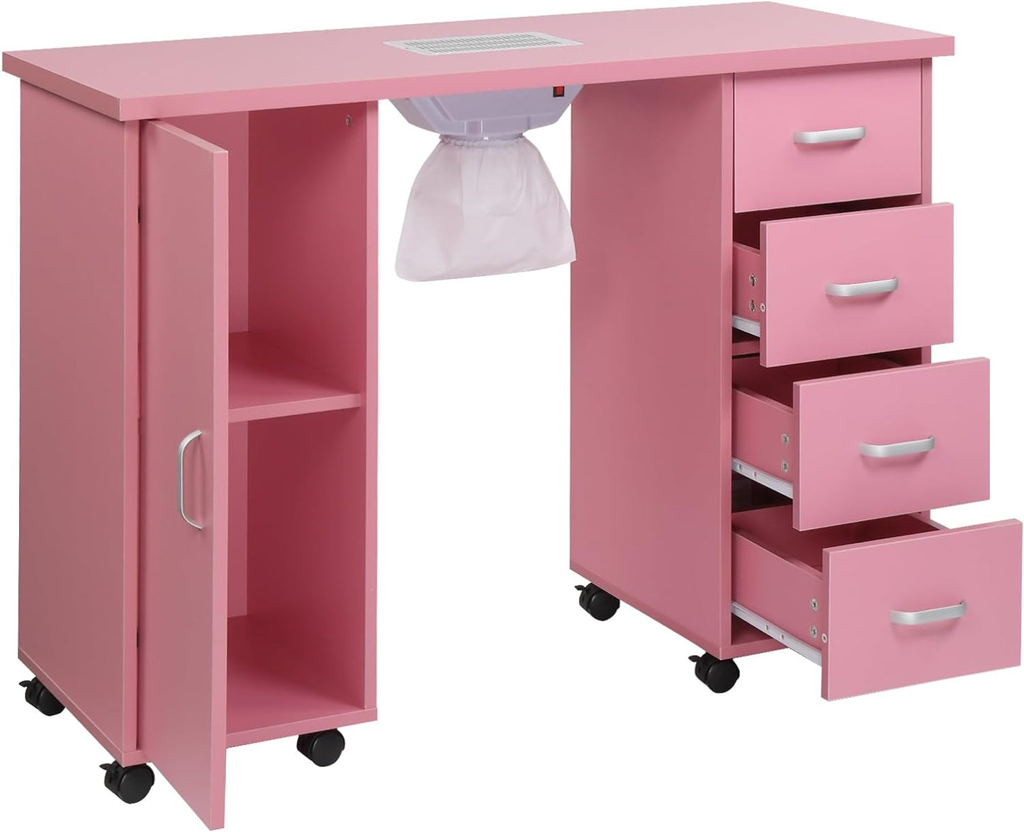 Winado Manicure Nail Table Station, Salon Spa Nail Desk with Electric Downdraft Vent, Locking Castors, 2 Layers Storage Cabinet, 4 Removable Drawers, Pink