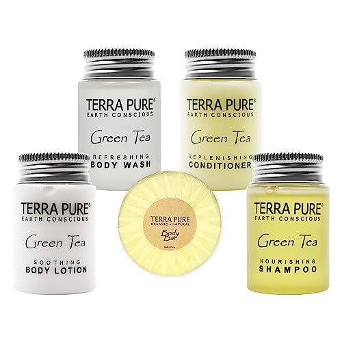 Terra Pure Hotel Soaps and Toiletries Bulk Set | 1-Shoppe All-In-Kit Amenities for Hotels | 1oz Hotel Shampoo & Conditioner, Body Wash, Body Lotion & 1.25oz Bar Soap Travel Size | 150 Pieces