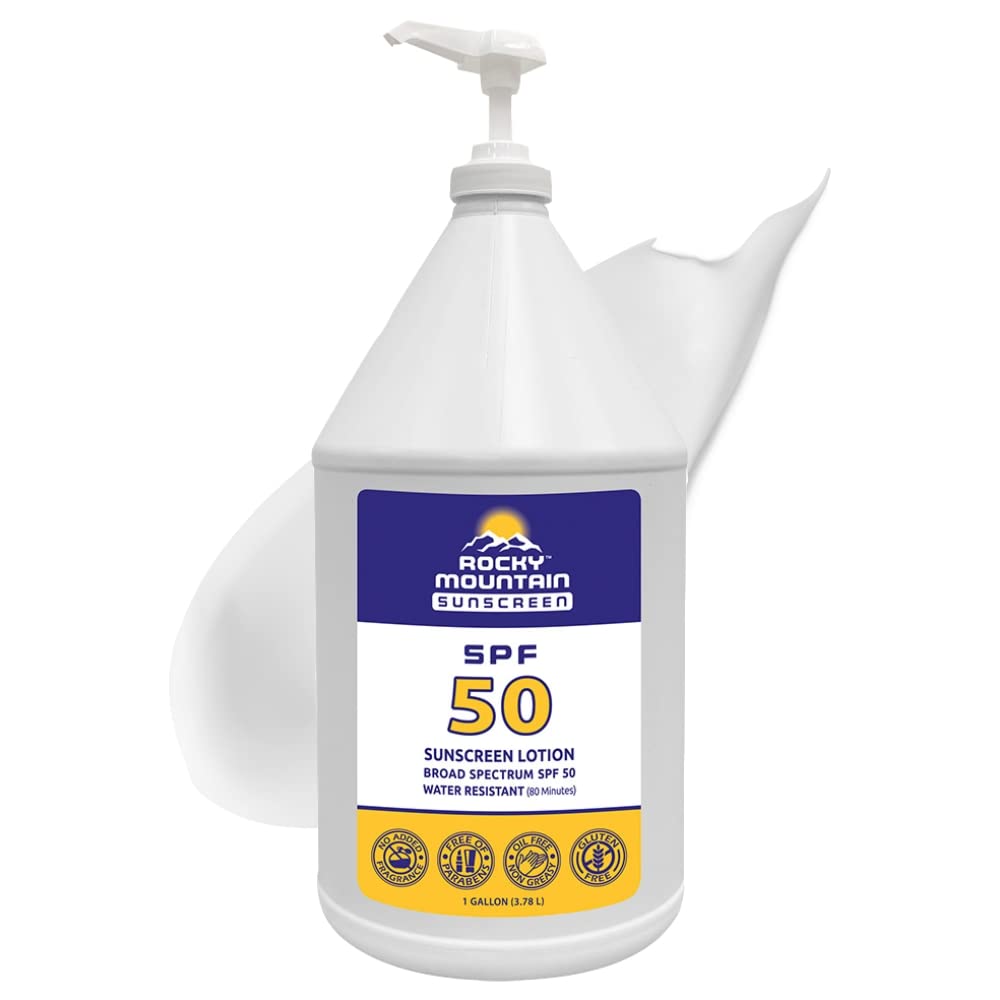 Rocky Mountain Sunscreen SPF 50 Lotion | Broad Spectrum UVA/UVB Protection | Hawaii 104 Reef Act Compliant (Oxybenzone & Octinoxate Free) | Water Resistant 80 Min. | Gallon with Pump (128 Fl Oz)