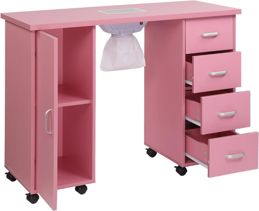 Winado Manicure Nail Table Station, Salon Spa Nail Desk with Electric Downdraft Vent, Locking Castors, 2 Layers Storage Cabinet, 4 Removable Drawers, Pink
