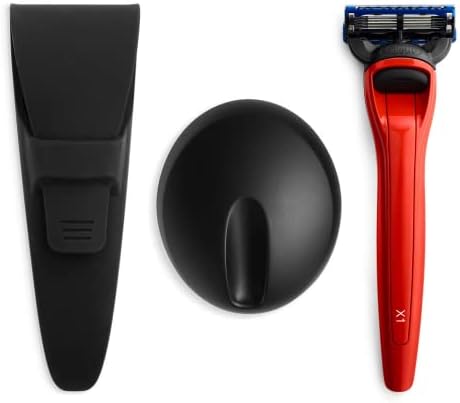 Bolin Webb Razor, Stand, and Waterproof Travel Case in Red. Fitted with Gillette Fusion5 Blade Cartridge Technology for The Closest Shave. Luxury Razors for Men - Giftable X1 Style.