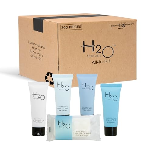 H2O Therapy Hotel Soaps and Toiletries Bulk Set | 1-Shoppe All-In-Kit Amenities for Hotels & Airbnb | .85oz Hotel Shampoo & Conditioner, Body Wash, Body Lotion & 1 oz Bar Soap Travel Size | 300 Pieces