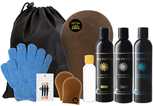 Tan Physics (13pc Deluxe Bundle) Tan Physics True Color Sunless Tanner, Pre-Tan Exfoliator, & Tan Extender- plus ALL tanning essentials - Travel Bag & Bottle, Exfoliation Glove, Mitt & Applicators