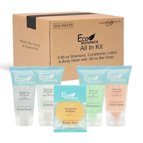 Eco Botanics Hotel Soaps & Toiletries Bulk Set | 0.85oz Hotel Shampoo & Conditioner, Body Wash, Body Lotion & Bar Soap Travel Size | 300 Pieces