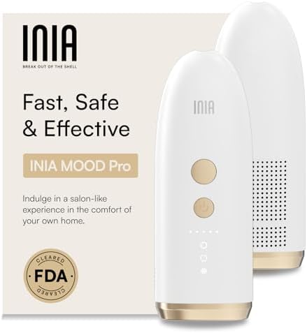 INIA Laser Hair Removal for Women and Men, Permanent Long-lasting Hair Root Elimination for Body and Face, INIA MOOD Pro Ice-cooling Hair Remover Device with 3 Extra Caps, Razors and Pouch.