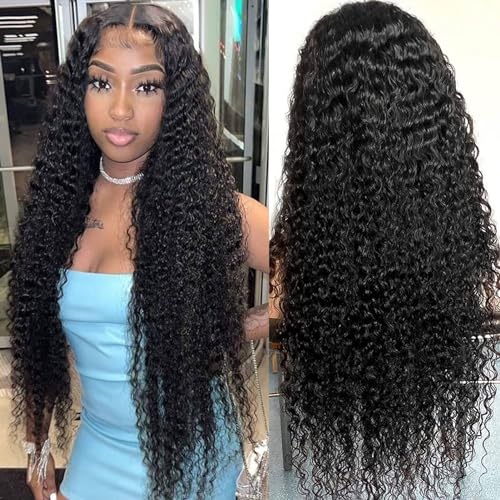 AMILICOCO Deep Wave Lace Front Wigs Human Hair Pre Plucked 13x4 HD Transparent Lace Frontal Wigs for Black Women Human Hair Glueless 200 Density Curly Wet and Wavy Lace Front Wigs Human Hair 26 Inch