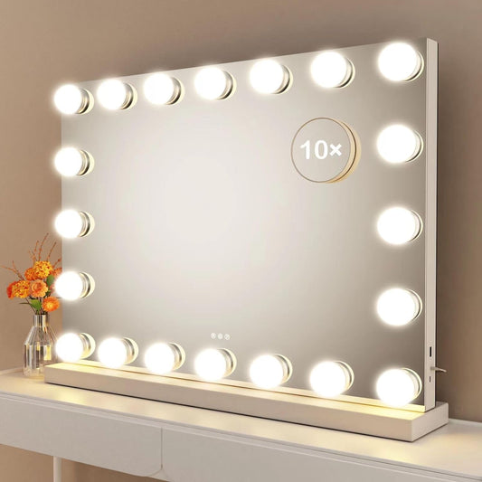 Vanity Mirror with Lights, 22.8WX18.2L Tabletop Hollyhood Makeup Mirror with USB & Type-C Charing, Hollywood Lighted Mirror with 20 Dimmable LED Bulbs,Touch Control,Metal Frame,White