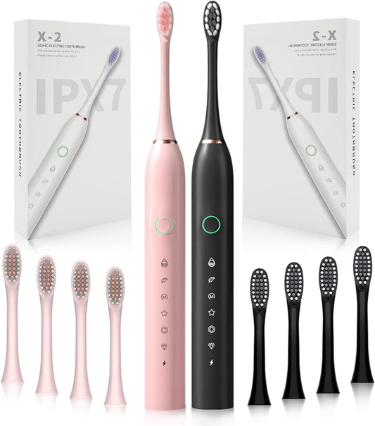 SENWEN 2 Pack Rechargeable Electric Toothbrushes for Adults and Kids, Sonic Whitening Tooth Brush with 8 Brush Heads, 6 Cleaning Modes and Smart Timer, Waterproof Cleaning Toothbrushes PB