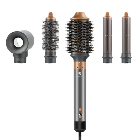 Hair Dryer Brush & 5 in 1 Air Styler, High-Speed Negative Ionic, Fast Drying, Multi Hair Styler with Automatic Air Curling Iron, Volumizer, Straightener, with Travel Carrying Case (Ash Gold)