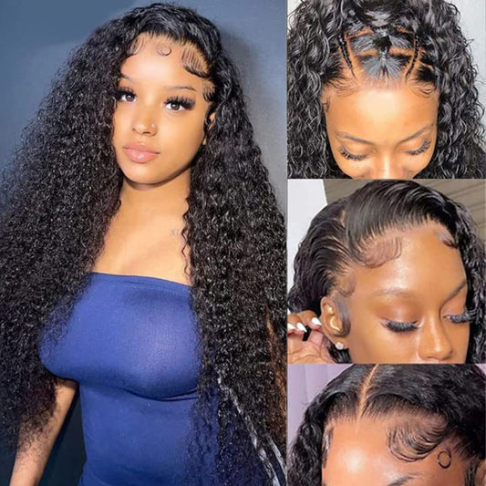 izhenwo Water Wave Lace Front Wigs Human Hair Pre Plucked 13x4 Glueless Lace Frontal Wigs Human Hair Wet and Wavy Lace Front Wigs for Black Women with Baby Hair 150% Density Natural Color （24Inch）