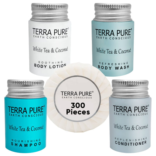 Terra Pure White Tea and Coconut Hotel Soaps and Toiletries Bulk Set | 1-Shoppe All-In-Kit | 1oz Shampoo & Conditioner, Body Wash, Lotion & 1.25oz Bar Soap | Travel Size Toiletries 300 Pieces