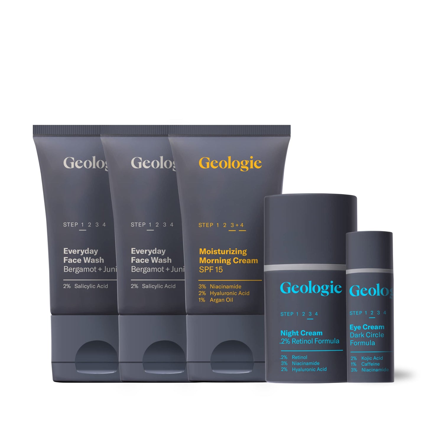 Geologie Complete Skincare Set | 5-Piece 90-Day Supply | Acne, Oil, Dark Spots | Salicylic Acid Face Wash (2 count), 0.2% Retinol Night Cream, SPF15 Niacinamide Moisturizer, Dark Circle Eye Cream
