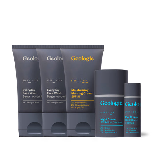 Geologie Complete Skincare Set | 5-Piece 90-Day Supply | Acne, Oil, Dark Spots | Salicylic Acid Face Wash (2 count), 0.2% Retinol Night Cream, SPF15 Niacinamide Moisturizer, Dark Circle Eye Cream