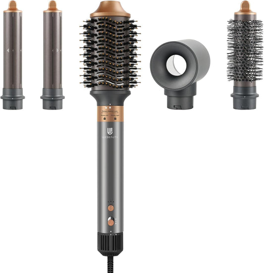Hair Dryer Brush, webeauty 5 in 1 One Step Professional Hot Air Brush Set for Fast Drying, Curling Drying, Straightening Combing, Hair Styler [Ceramic Coating] [Negative Ion] 110000 RPM (Grey+Gold)