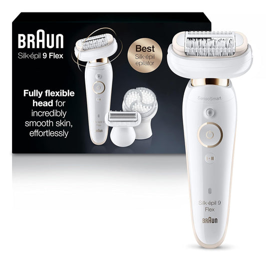 Braun Epilator Silk-Žpil 9 9-030 with Flexible Head, Facial Hair Removal for Women and Men, Hair Removal Device, Shaver & Trimmer, Cordless, Rechargeable, Wet & Dry, Beauty Kit with Body Massage Pad