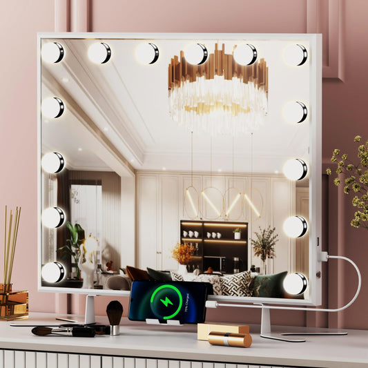 Anbuy Hollywood Vanity Mirror with Lights, Large Vanity Lighted Mirror with 14 LED Bulbs, Hollywood Mirror with Intelligent Induction Control and 3 Color Modes for Bedroom 21.7 x 20.9 Inch White
