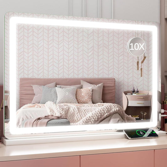 Vanity Mirror with Lights, 32" x 22" Large Lighted Vanity Mirror with Dimmable 3 Modes, LED Makeup Mirror, 10X Magnification, Touch Screen Control, USB Charging Port, Tabletop or Wall-Mounted