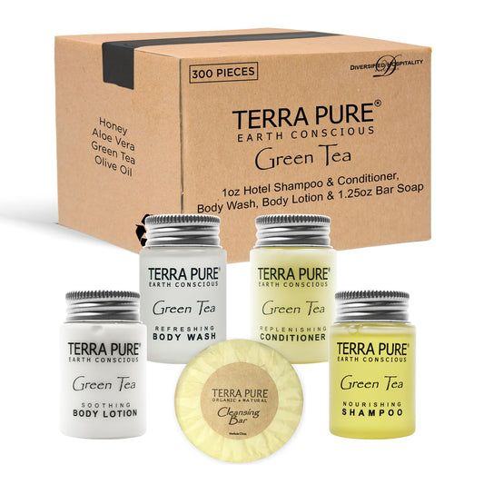 Terra Pure Hotel Soaps and Toiletries Bulk Set | 1-Shoppe All-In-Kit Amenities for Hotels | 1oz Hotel Shampoo & Conditioner, Body Wash, Body Lotion & 1.25oz Bar Soap Travel Size | 300 Pieces