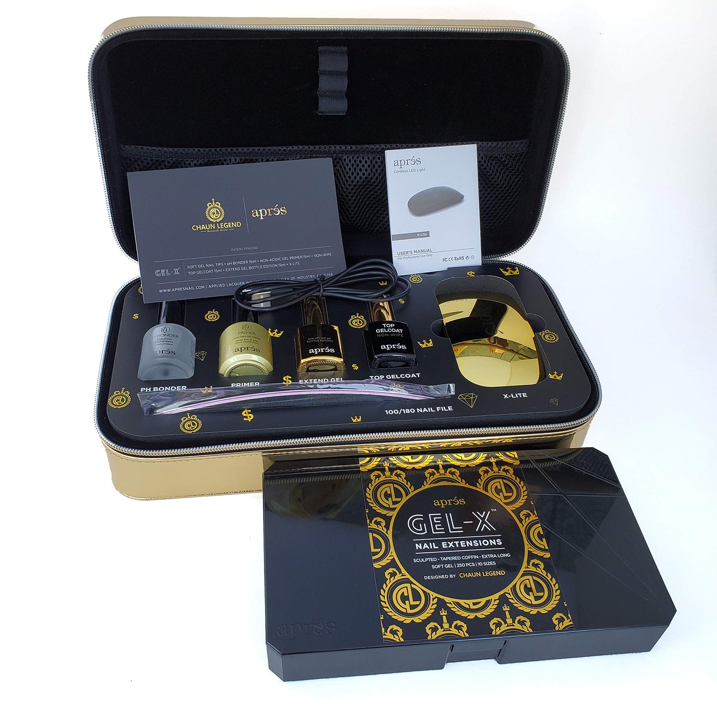 Chaun Legend x Aprés Gel-X Professional Nail Kit - Vegan Leather Case of Nail Supplies, with Gel-X Tips, pH Bonder, Gel Primer, Extend Gel, Top Gelcoat, Mini LED light, and Emery Board