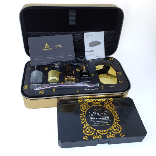Chaun Legend x Aprés Gel-X Professional Nail Kit - Vegan Leather Case of Nail Supplies, with Gel-X Tips, pH Bonder, Gel Primer, Extend Gel, Top Gelcoat, Mini LED light, and Emery Board